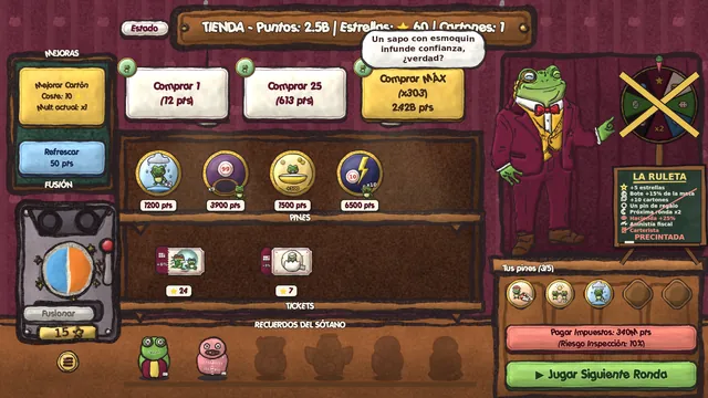 La tienda de Ringo, con cartones, pines, tickets y la ruleta.